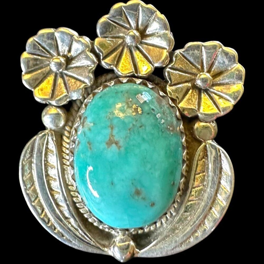 Genuine Kingman Turquoise 3 Flower Sterling Silver Ring Size 9